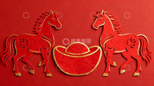 红色剪纸马与元宝图案