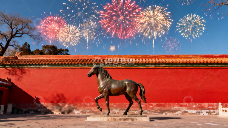 高清大图下载【趣麦麦图】烟花映衬下的古代马雕与红墙