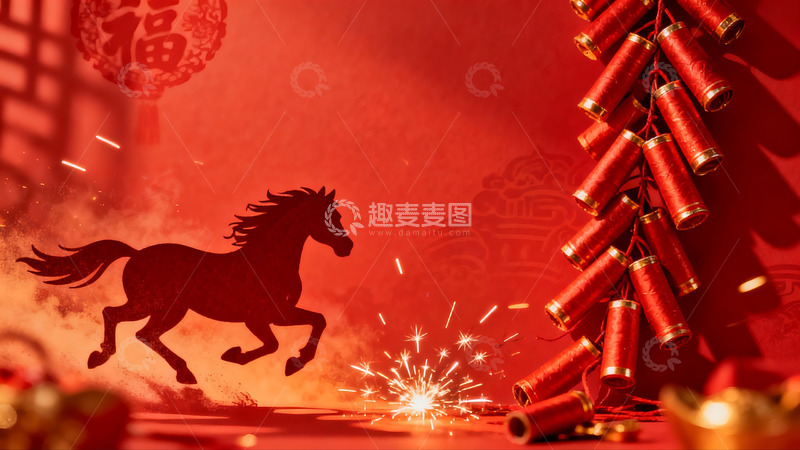 高清大图下载【趣麦麦图】红色背景马形剪影烟花鞭炮
