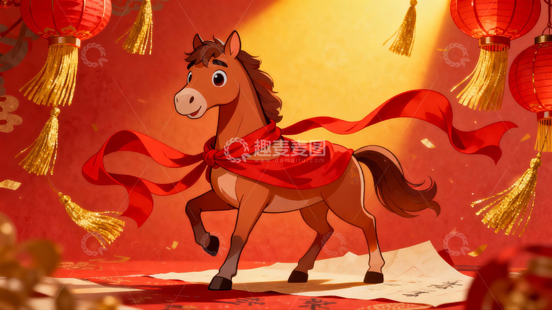高清大图下载【趣麦麦图】卡通骏马迎新春灯笼高挂
