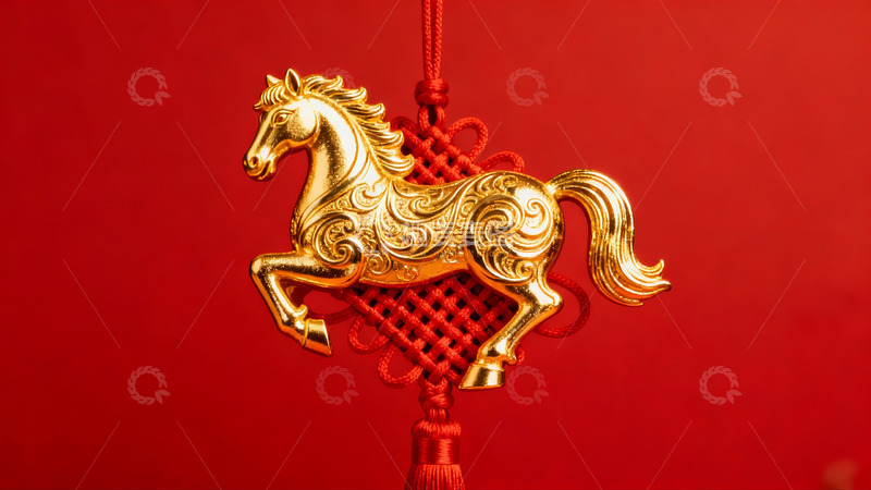 高清大图下载【趣麦麦图】金色马形挂饰红色背景