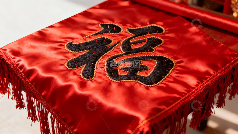 高清大图下载【趣麦麦图】红色布料上绣有福字图案