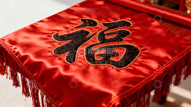 红色布料上绣有福字图案