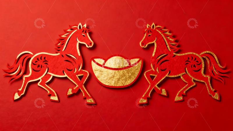 高清大图下载【趣麦麦图】红色背景上的剪纸马与金元宝