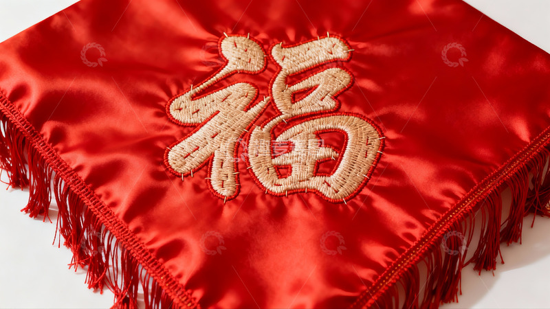 高清大图下载【趣麦麦图】红色布料上的金色福字刺绣