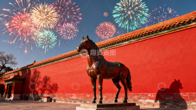 高清大图下载【趣麦麦图】故宫夜空烟花与铜马雕像