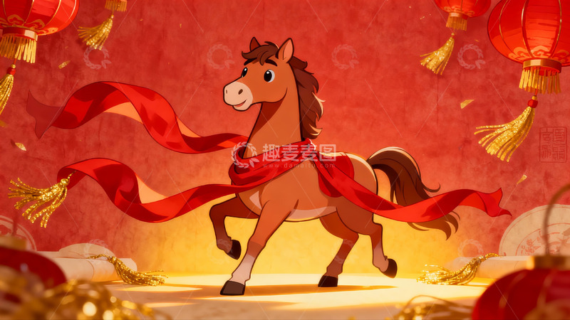 高清大图下载【趣麦麦图】卡通骏马迎新春红绸飘扬
