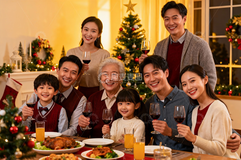 高清大图下载【趣麦麦图】圣诞家庭聚餐温馨场景