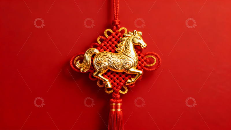 高清大图下载【趣麦麦图】红色背景上的金色马形挂饰