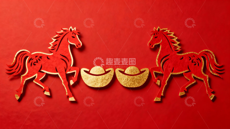 高清大图下载【趣麦麦图】红色背景上的剪纸马与元宝