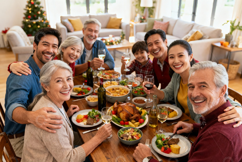高清大图下载【趣麦麦图】温馨家庭圣诞聚餐欢庆时刻