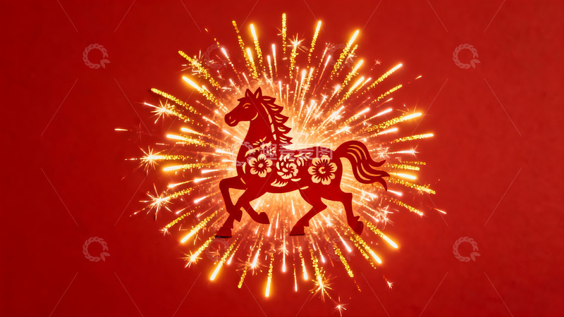 高清大图下载【趣麦麦图】红色背景烟花马图案