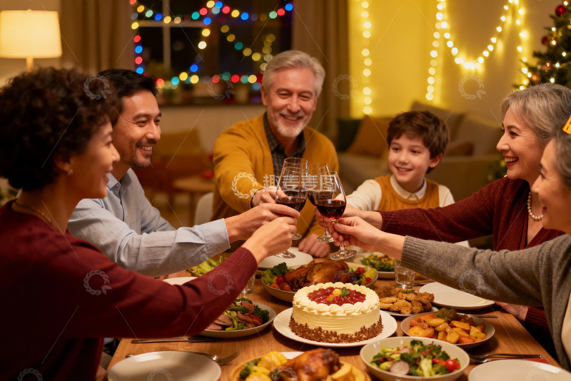 高清大图下载【趣麦麦图】温馨家庭圣诞聚餐举杯欢庆