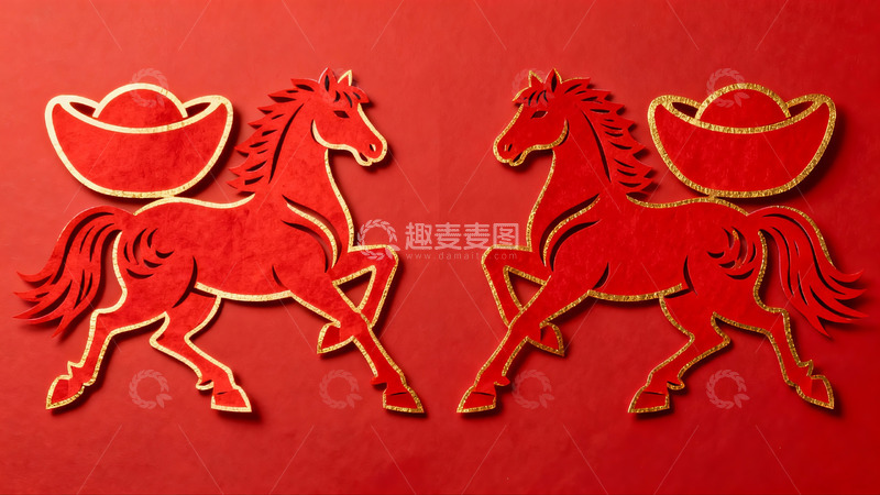 高清大图下载【趣麦麦图】红色剪纸马与元宝图案