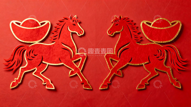 红色剪纸马与元宝图案