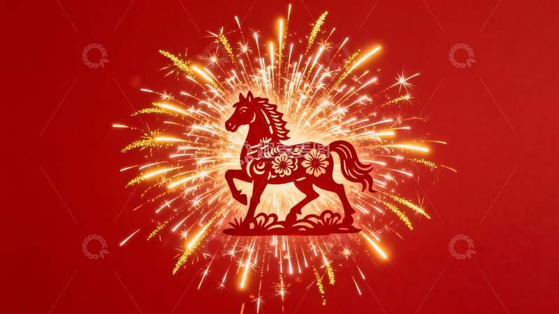 高清大图下载【趣麦麦图】红色背景烟花马剪纸图案