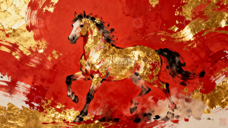 高清大图下载【趣麦麦图】金色骏马奔腾于红金背景之上