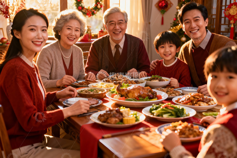 高清大图下载【趣麦麦图】三代同堂家庭聚餐温馨场景
