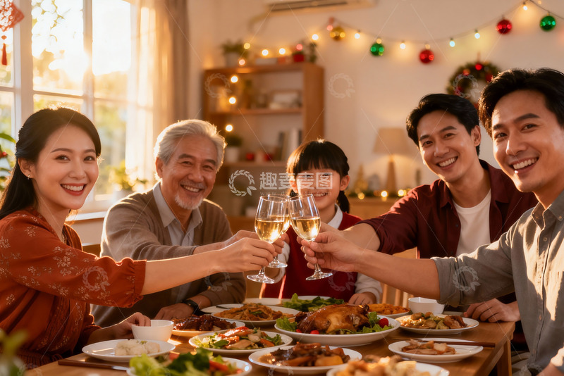 高清大图下载【趣麦麦图】温馨家庭聚餐举杯欢庆