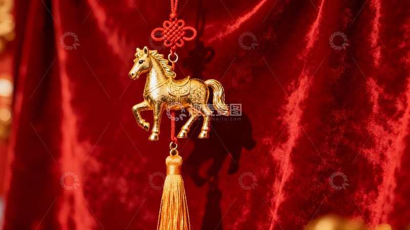高清大图下载【趣麦麦图】金色马形挂饰红色背景