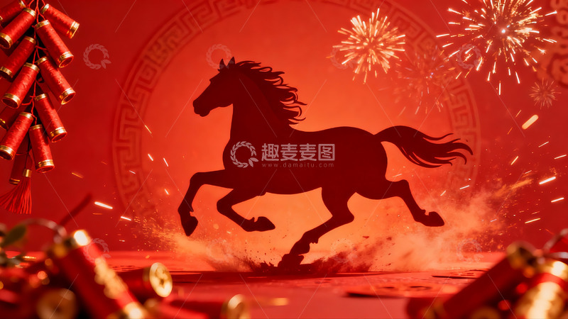 高清大图下载【趣麦麦图】红色背景奔马烟花鞭炮