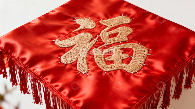 高清大图下载【趣麦麦图】红色布料上的金色福字刺绣