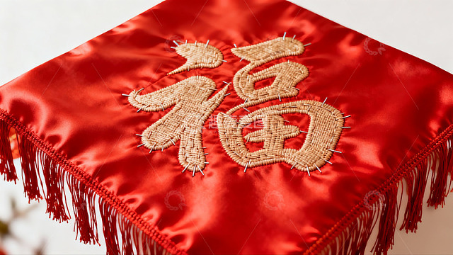 红色布料上的金色福字刺绣