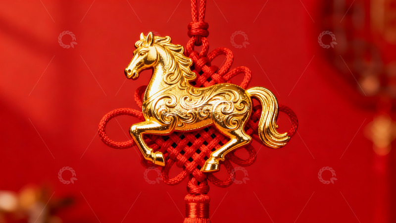 高清大图下载【趣麦麦图】金色马形挂饰红色背景