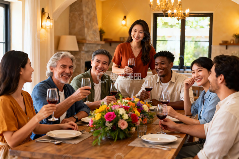 高清大图下载【趣麦麦图】多人围坐餐桌共饮庆祝