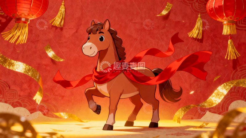 高清大图下载【趣麦麦图】卡通骏马迎新春灯笼高挂