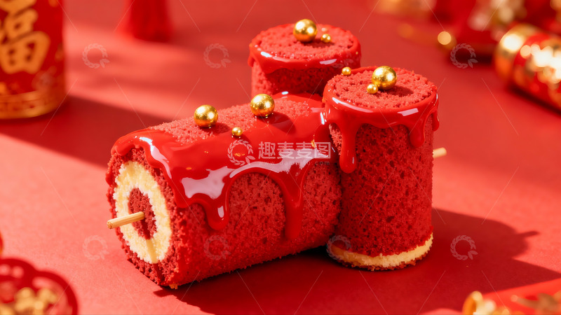 高清大图下载【趣麦麦图】红色蛋糕卷新年喜庆摆拍