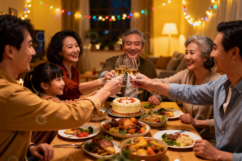 高清大图下载【趣麦麦图】温馨家庭聚餐举杯欢庆