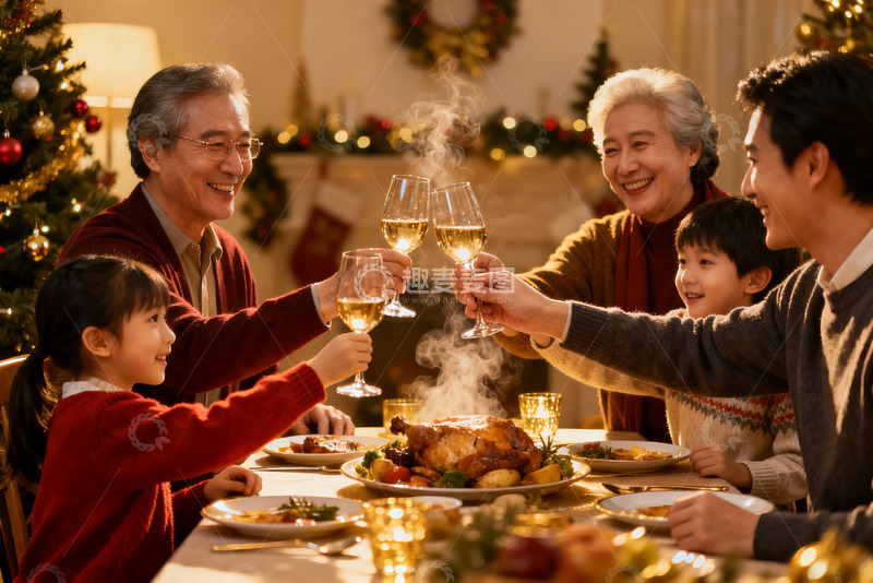 高清大图下载【趣麦麦图】圣诞家庭聚餐举杯欢庆