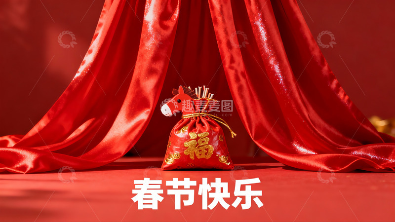 高清大图下载【趣麦麦图】红色幕布前的春节福袋