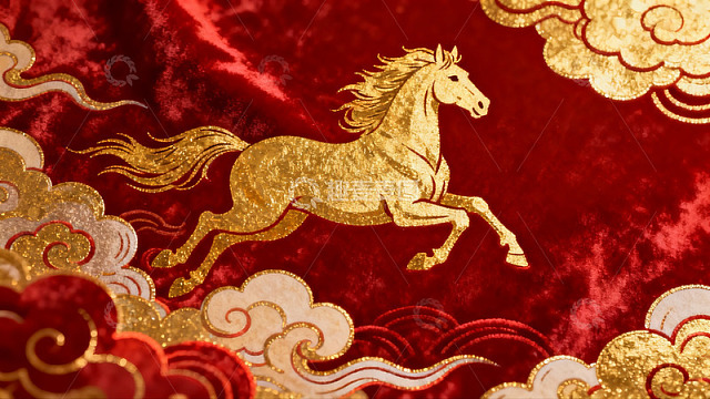 红色布料上的金色骏马图案