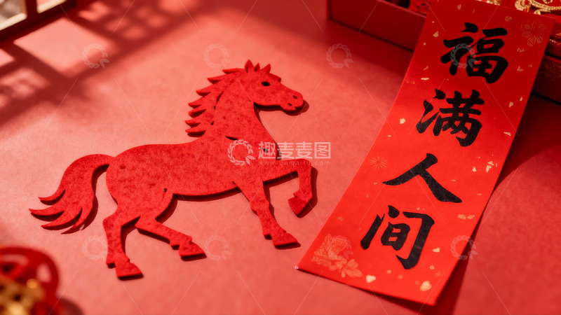 高清大图下载【趣麦麦图】红色剪纸马与福字春联