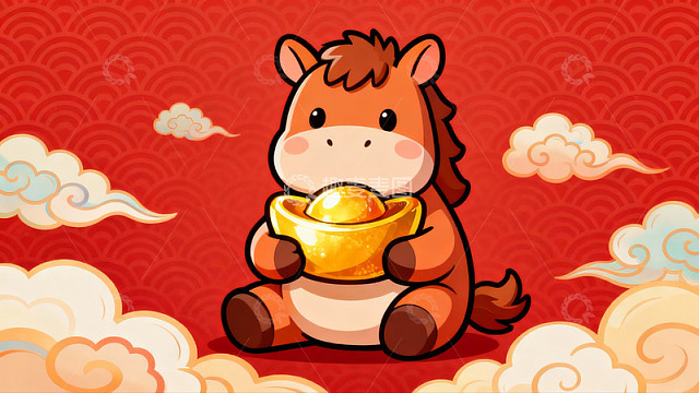 卡通马抱金元宝红背景
