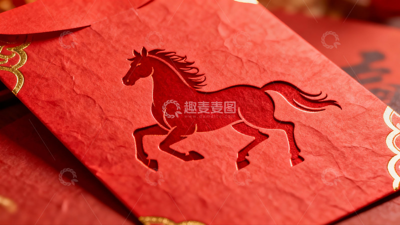 高清大图下载【趣麦麦图】红色红包上的马形剪纸图案