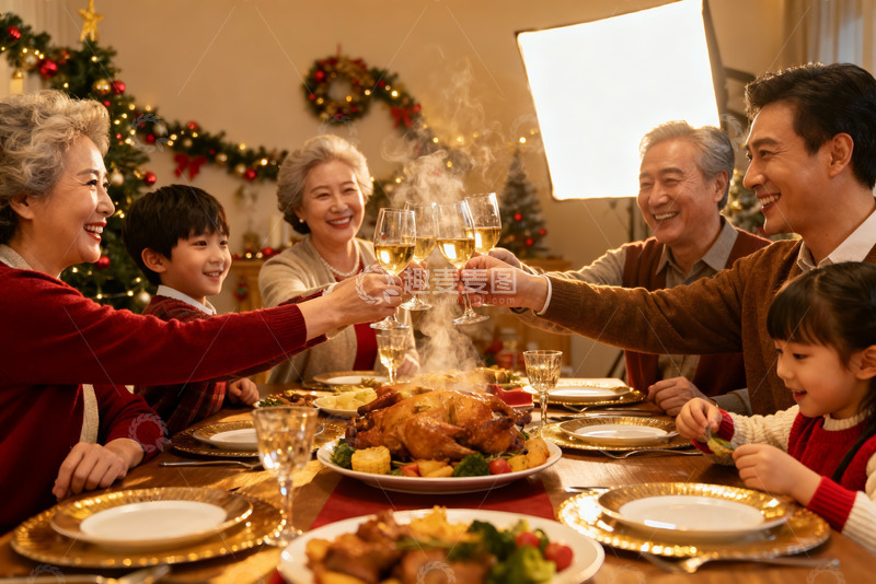 高清大图下载【趣麦麦图】家庭圣诞聚餐举杯欢庆
