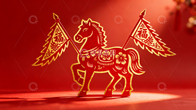 红色剪纸马迎春图案