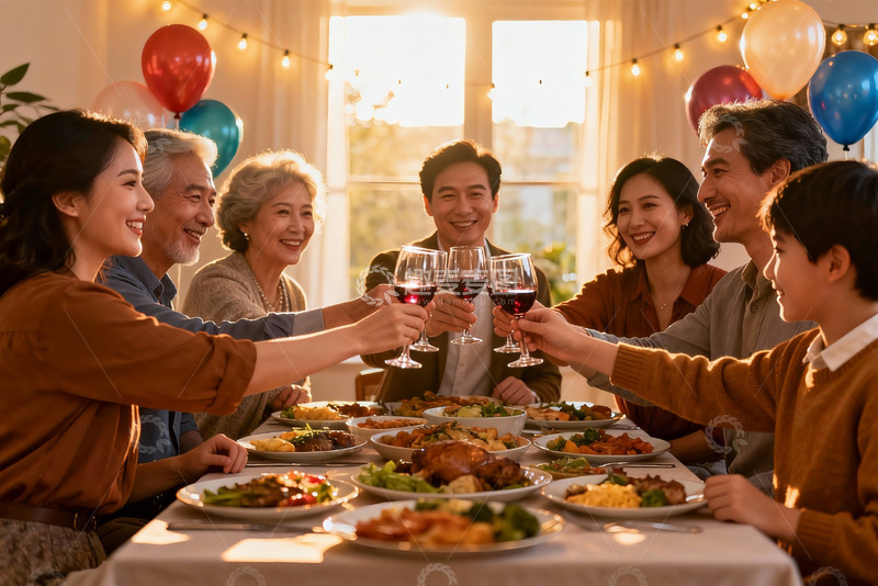 高清大图下载【趣麦麦图】家庭聚餐欢庆举杯