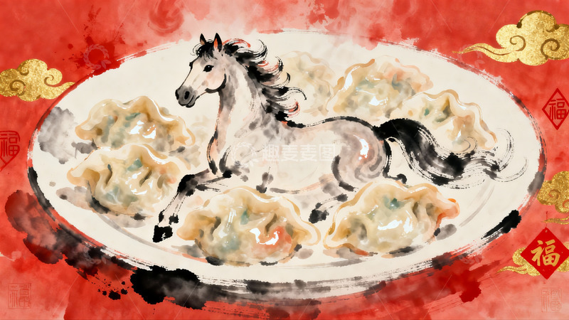 高清大图下载【趣麦麦图】水墨画风格饺子与骏马图案