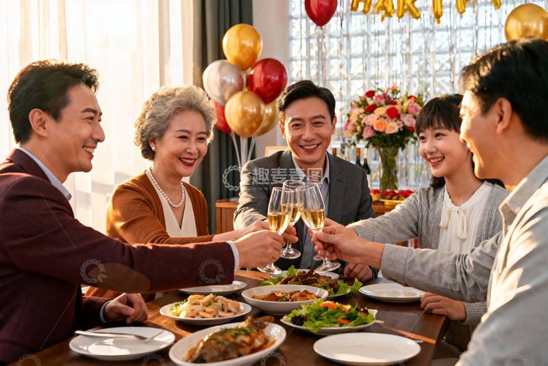 高清大图下载【趣麦麦图】家庭聚餐欢庆举杯