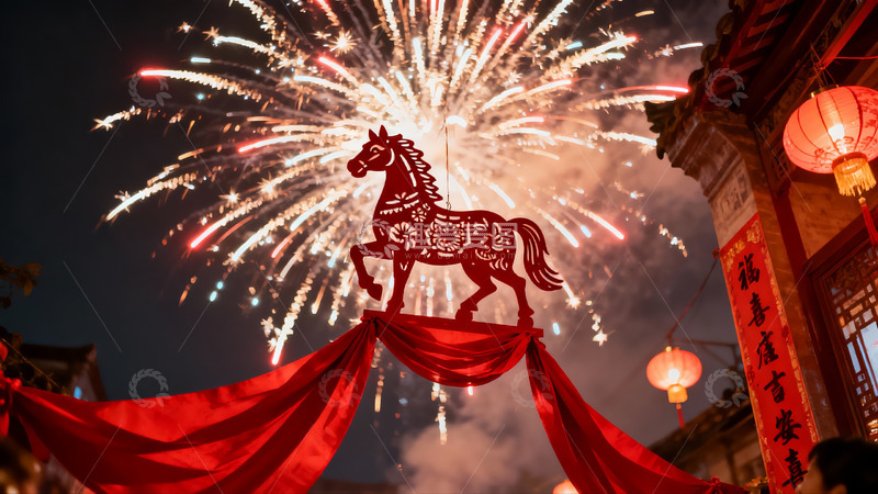高清大图下载【趣麦麦图】夜空烟花璀璨马形剪纸装饰