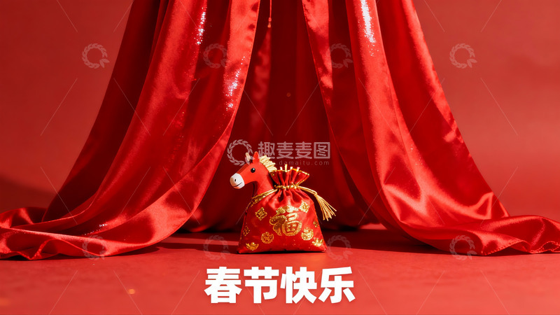 高清大图下载【趣麦麦图】红色幕布前的春节马形挂饰