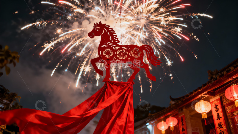 高清大图下载【趣麦麦图】烟花映衬下的红色马形剪纸