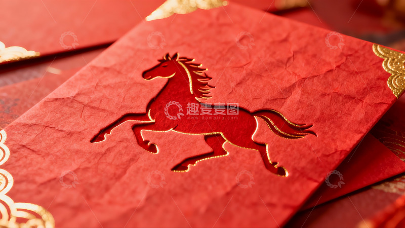 高清大图下载【趣麦麦图】红色红包上的金色马纹图案