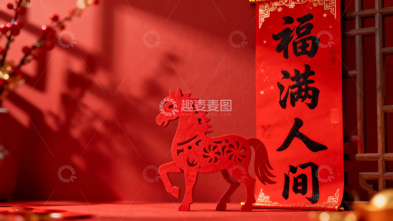 高清大图下载【趣麦麦图】红色剪纸马与福字春联