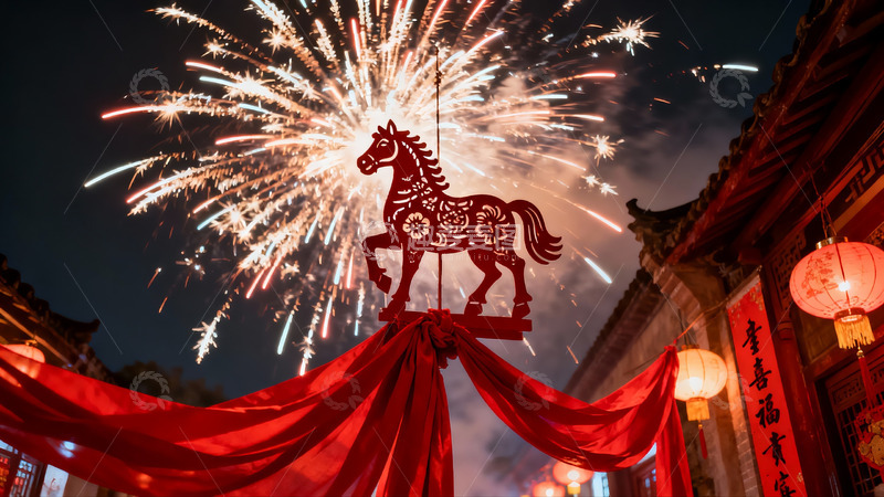 高清大图下载【趣麦麦图】夜空烟花映衬马形剪纸装饰