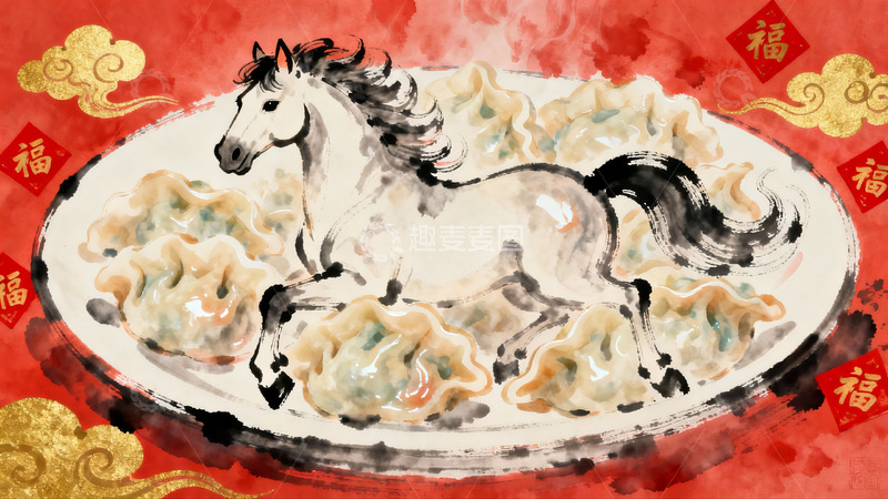 高清大图下载【趣麦麦图】骏马饺子创意画
